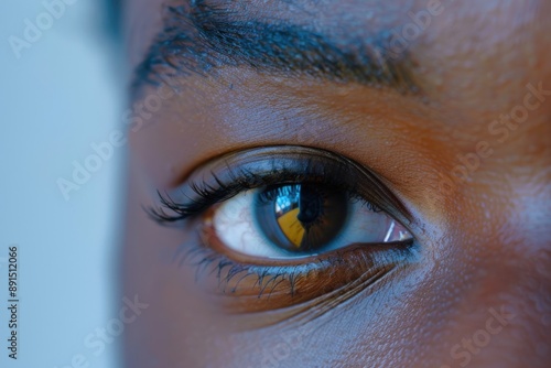 Close-up of a black person's eye with visible eyelashes, on a light background, showcasing beauty and vision concepts