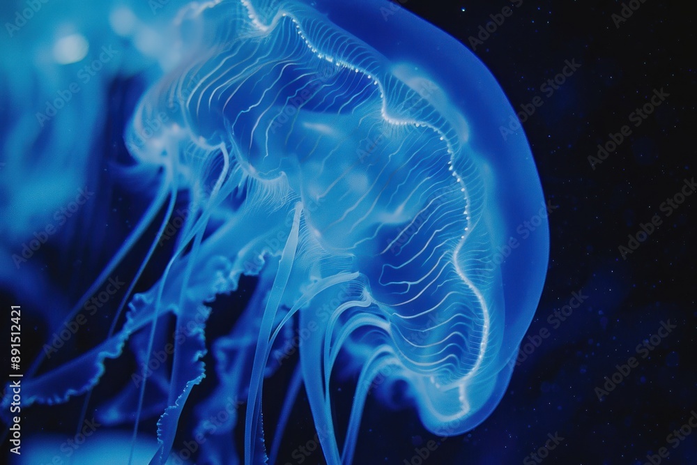 closeup of translucent jellyfish illuminated with a bioluminescent glow against a deep blue ocean backdrop closeup of translucent jellyfish illuminated with a bioluminescent glow against a deep blue ocean backdrop