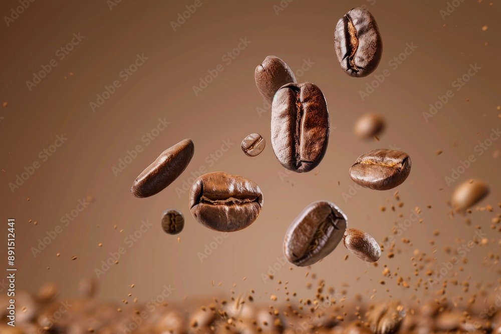coffee beans flying in mid-air with a pastel brown background coffee beans flying in mid-air with a pastel brown background