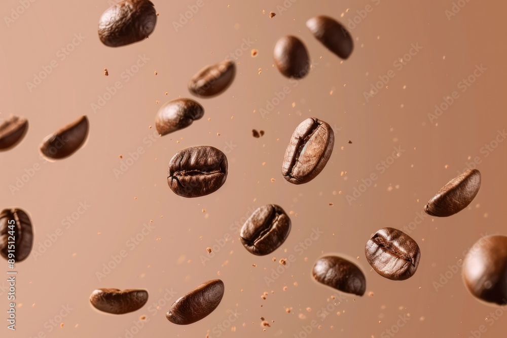 coffee beans flying in mid-air with a pastel brown background coffee beans flying in mid-air with a pastel brown background