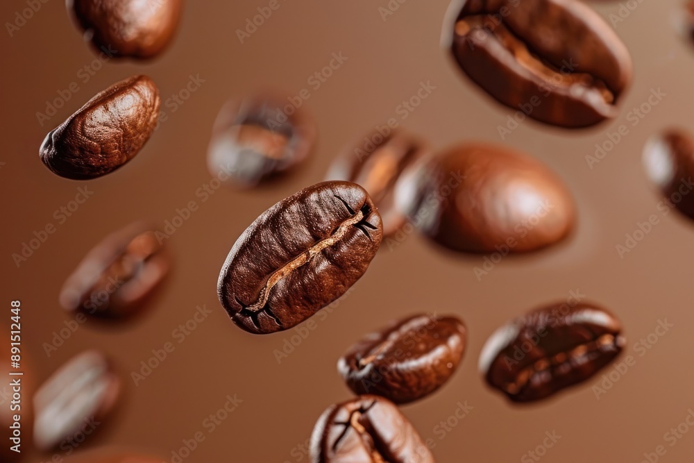 coffee beans flying in mid-air with a pastel brown background coffee beans flying in mid-air with a pastel brown background