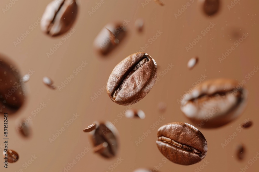 coffee beans flying in mid-air with a pastel brown background coffee beans flying in mid-air with a pastel brown background