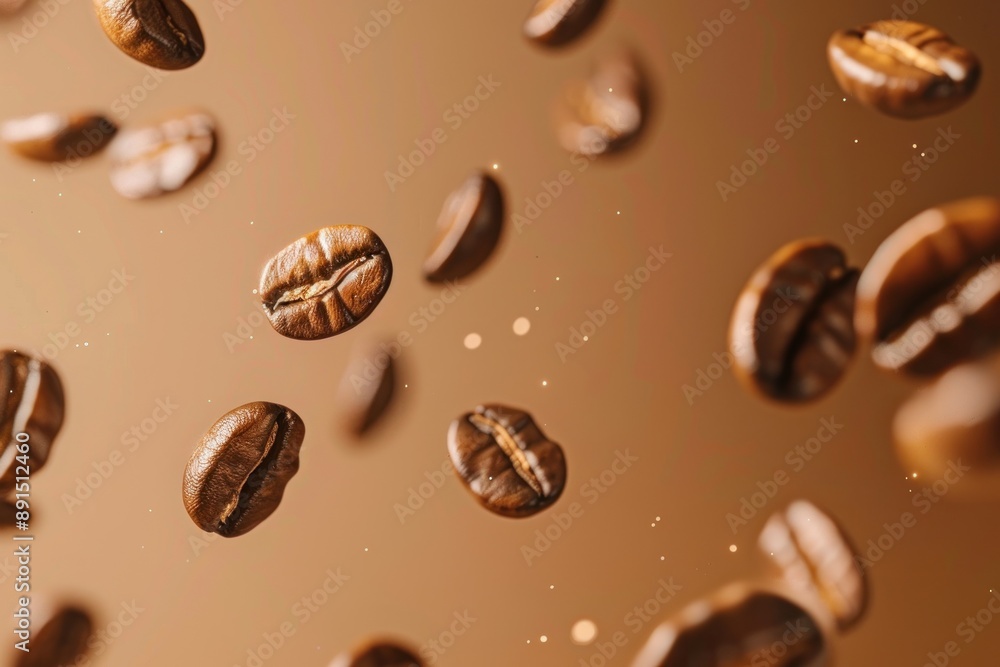 coffee beans flying in mid-air with a pastel brown background coffee beans flying in mid-air with a pastel brown background
