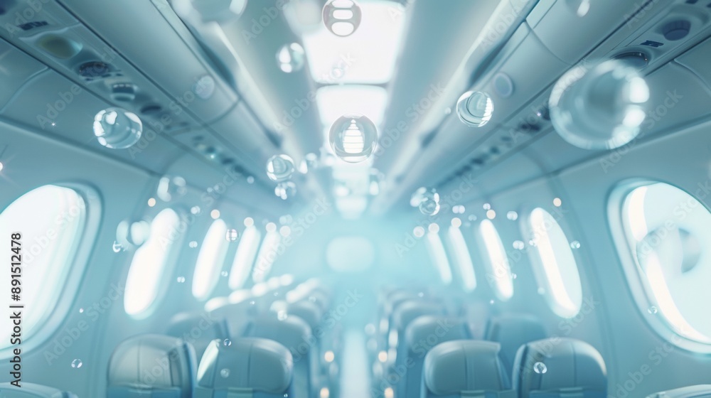 The inside of an airplane with a blue and white color scheme The inside of an airplane with a blue and white color scheme