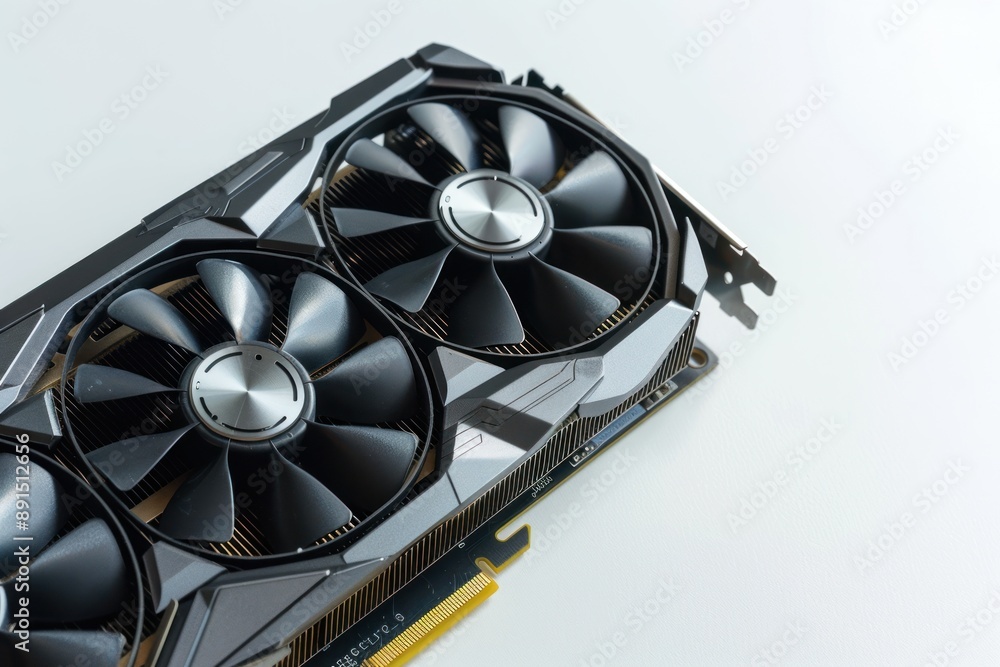Computer graphics card on gray textured background, closeup. Space for text Isolated background Computer graphics card on gray textured background, closeup. Space for text Isolated background