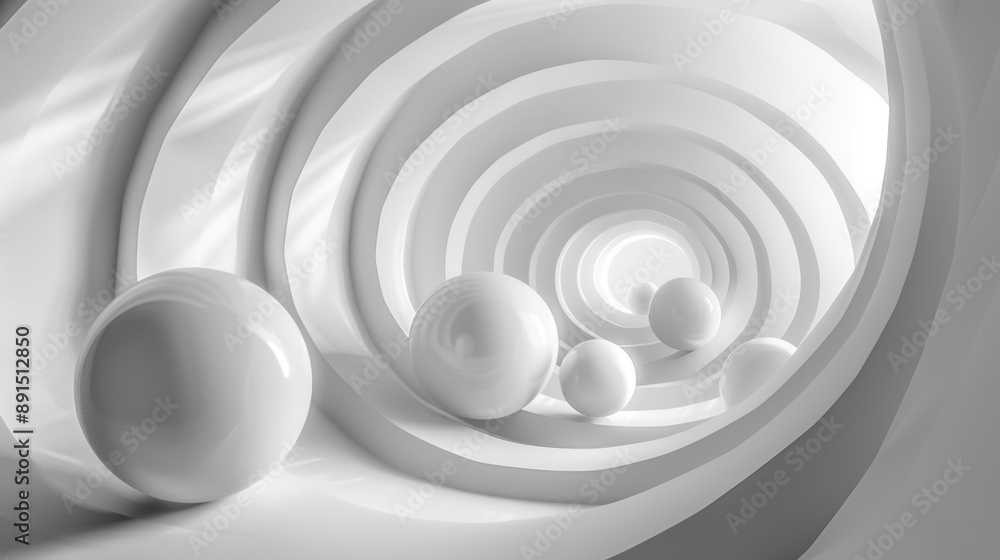 A series of white spheres are arranged in a spiral pattern A series of white spheres are arranged in a spiral pattern