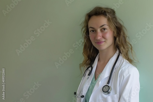 Female doctor with stethoscope, light green wall, professional and caring