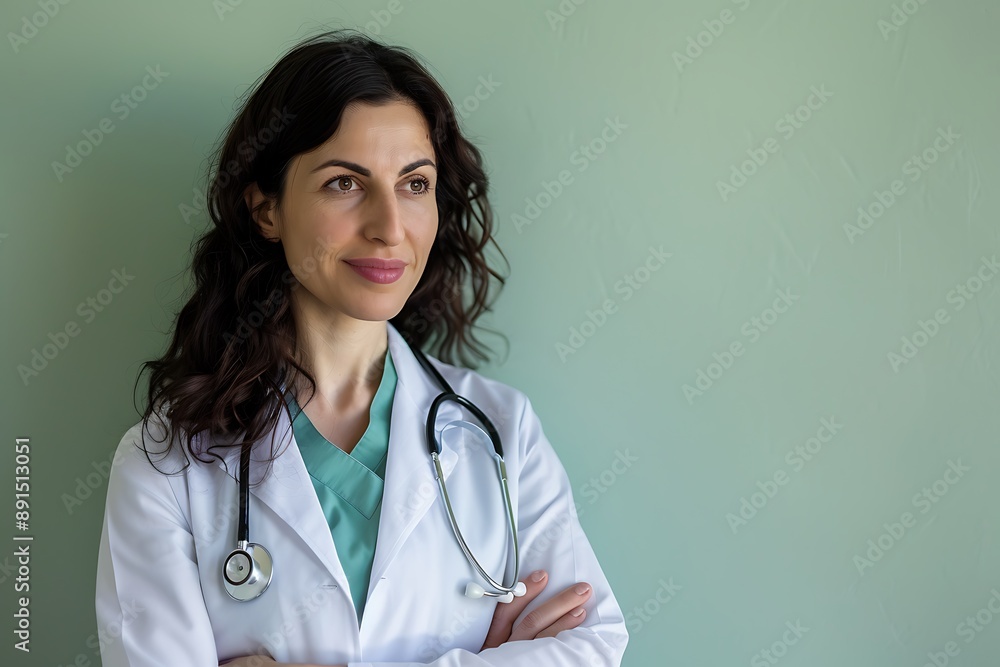 Female doctor with stethoscope, light green wall, professional and caring Female doctor with stethoscope, light green wall, professional and caring