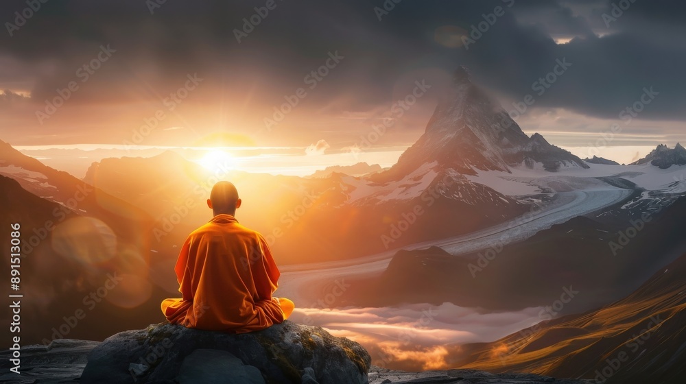 A man meditating on a mountain top. The sun is setting in the background, casting a warm glow over the scene. The man is wearing an orange robe, and the mountains in the background are covered in snow A man meditating on a mountain top. The sun is setting in the background, casting a warm glow over the scene. The man is wearing an orange robe, and the mountains in the background are covered in snow