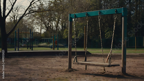 An empty swing swaying gently in a deserted playground, suggesting feelings of abandonment and nostalgia.