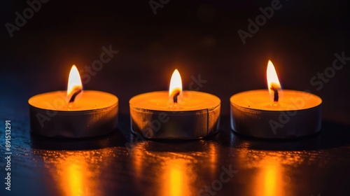 hree burning candles on a black background