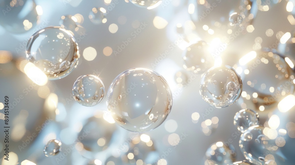 A large number of small, clear, and shiny spheres floating in the air A large number of small, clear, and shiny spheres floating in the air