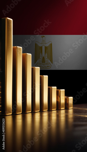 A row of gold bars of varying sizes is arranged in front of an Egypt flag, symbolizing wealth and economic strength © Александр Бердюгин