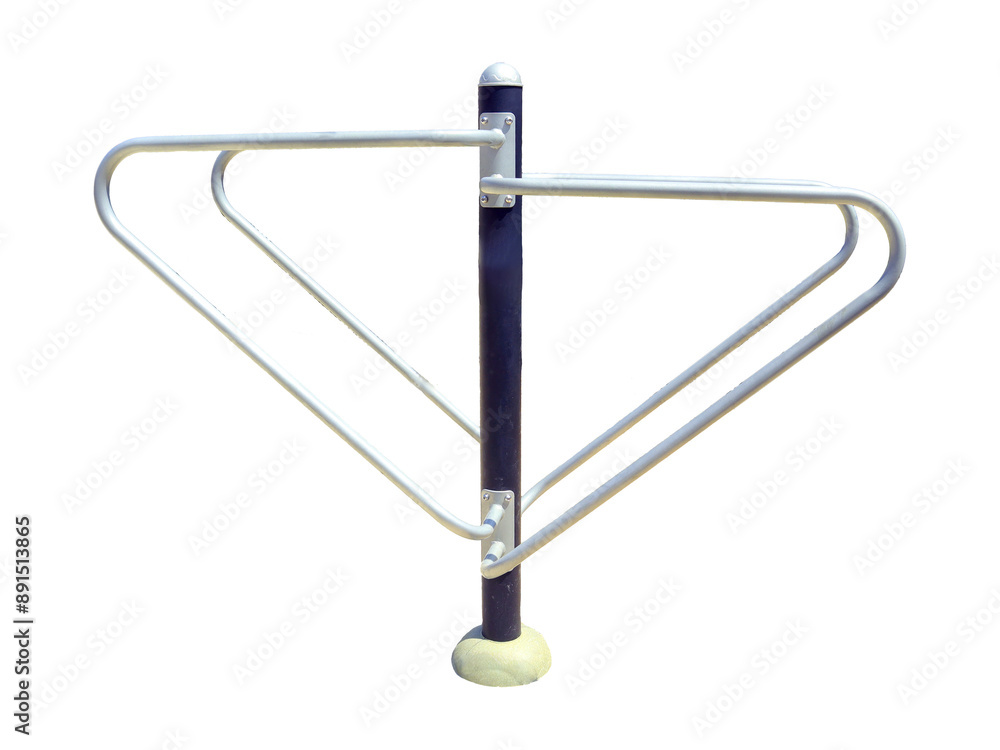 Close-up shot of pair of parallel bars, likely located at public park, designed for outdoor exercise, isolated on white. Bars are constructed of metal with blue pole and are set into concrete base. Close-up shot of pair of parallel bars, likely located at public park, designed for outdoor exercise, isolated on white. Bars are constructed of metal with blue pole and are set into concrete base.