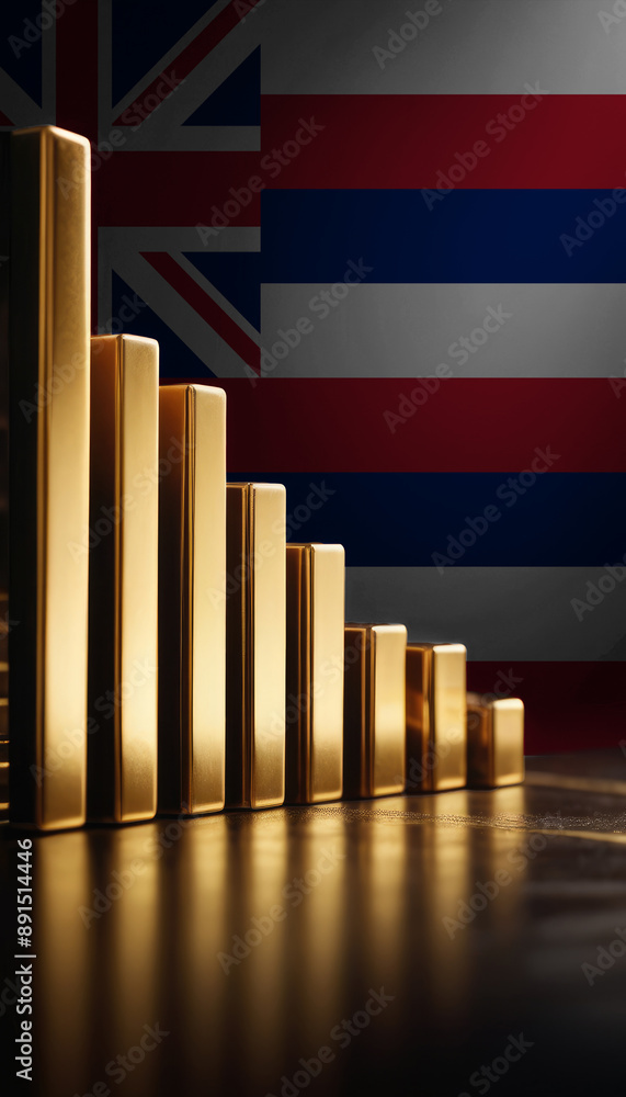 Obraz premium A row of gold bars of varying sizes is arranged in front of an Hawaii flag, symbolizing wealth and economic strength