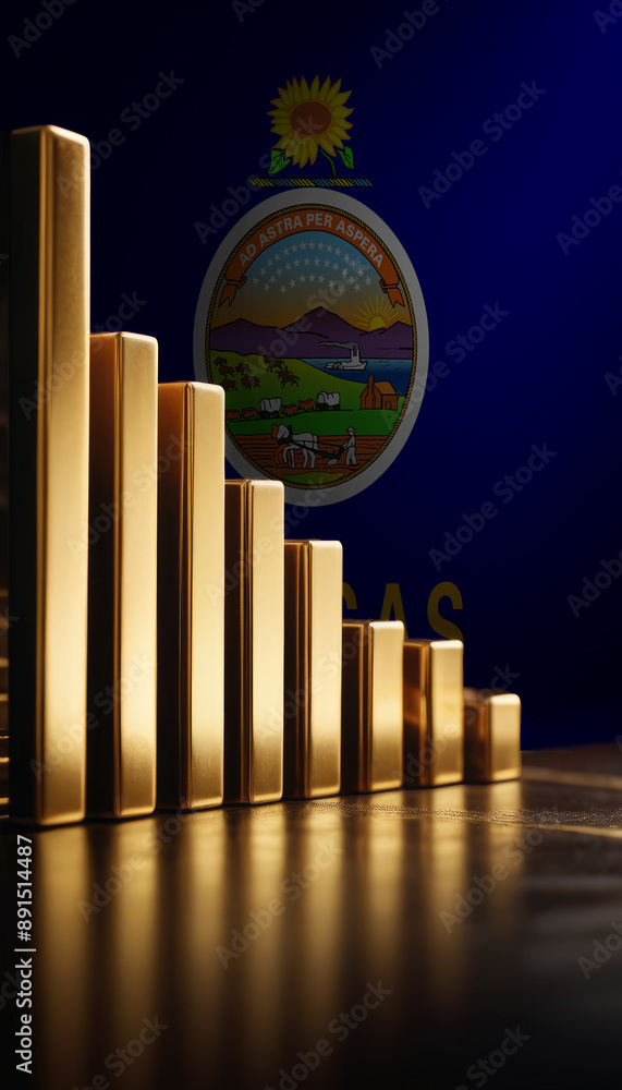 A row of gold bars of varying sizes is arranged in front of an Kansas flag, symbolizing wealth and economic strength A row of gold bars of varying sizes is arranged in front of an Kansas flag, symbolizing wealth and economic strength