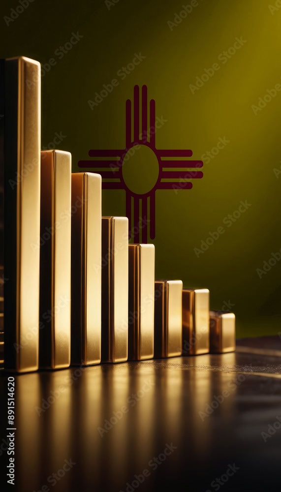 Obraz premium A row of gold bars of varying sizes is arranged in front of an New Mexico flag, symbolizing wealth and economic strength