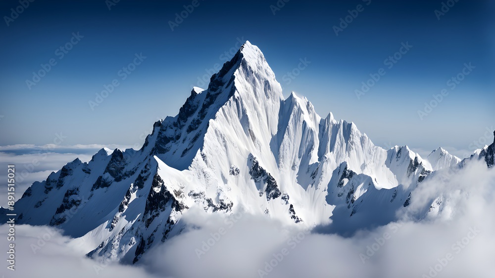 Obraz premium majestic snowy mountain peak towering above the clouds, its pristine white slopes contrasting against the deep blue sky