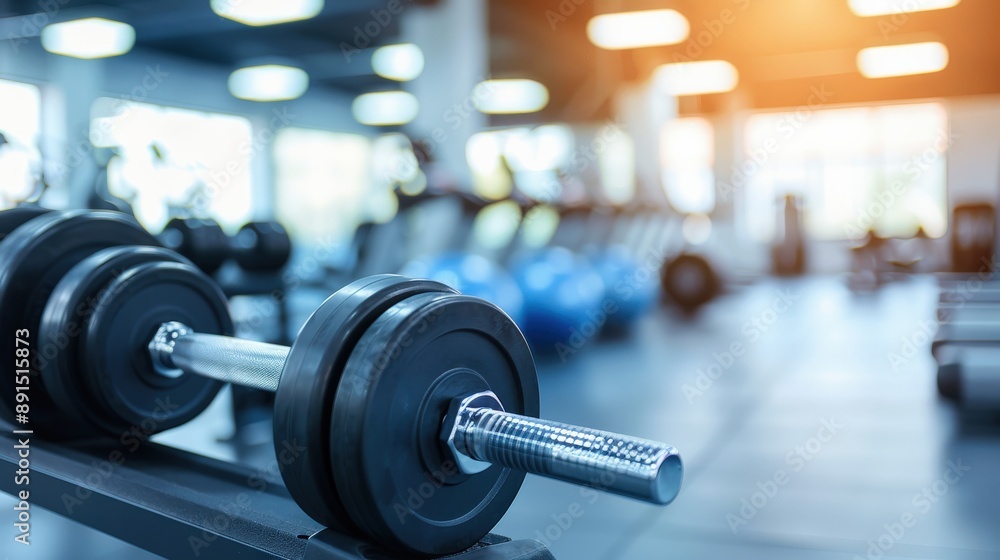 A gym with a black and silver dumbbell on a rack. The gym is full of equipment and people A gym with a black and silver dumbbell on a rack. The gym is full of equipment and people