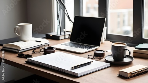 Wallpaper Mural A contemporary, sleek desk, a notepad, and coffee make up a comfortable home office. Torontodigital.ca