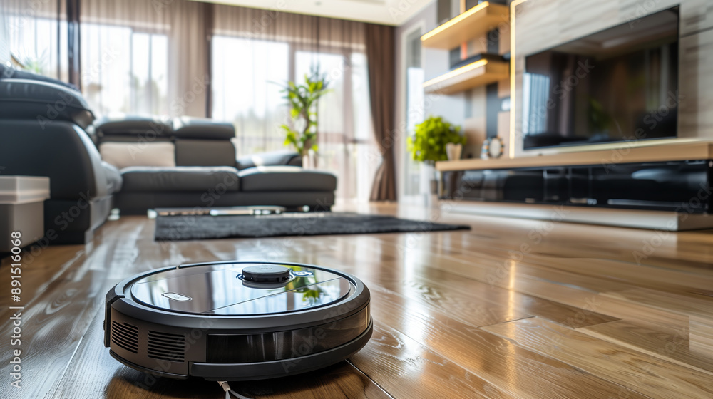 Robot vacuum cleaner in modern living room... Robot vacuum cleaner in modern living room...