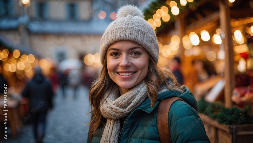 A happy tourist woman stands on a christmas market A happy tourist woman stands on a christmas market