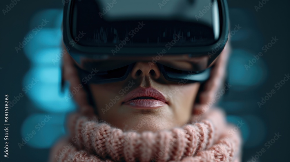 A person with a VR headset delves into digital environments, represented by blue and pink lighting, emphasizing modern technology, escapism, and futuristic interaction. A person with a VR headset delves into digital environments, represented by blue and pink lighting, emphasizing modern technology, escapism, and futuristic interaction.