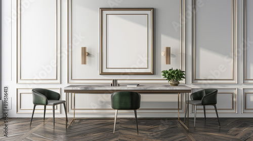 Elegant dining room interior with marble floor and classic moldi photo