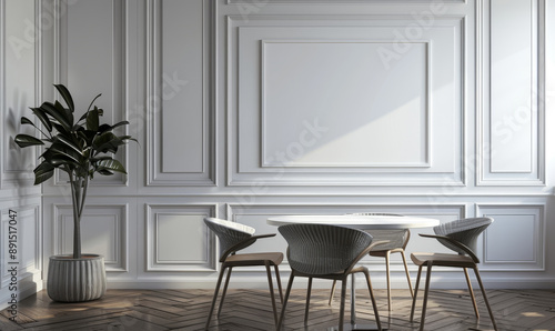 Elegant dining room interior with classic wall moldings and marb photo