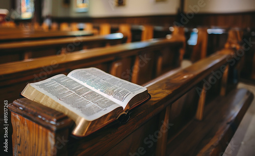 Bible on a wooden church pew in an empty church 