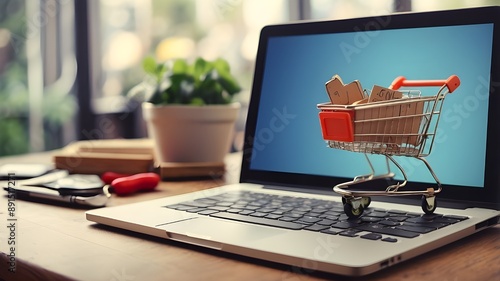 Concept of online purchasing with a little shopping cart in front of a laptop