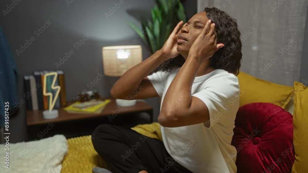 A young african american woman with curly hair sits on a bed in a home bedroom, holding her head in pain, illustrating discomfort and headache. A young african american woman with curly hair sits on a bed in a home bedroom, holding her head in pain, illustrating discomfort and headache.