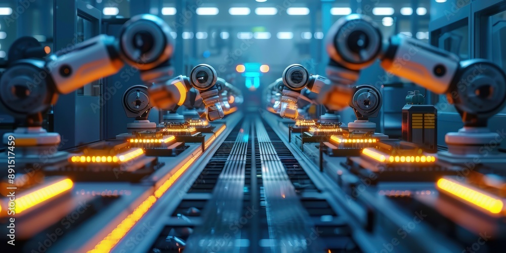 A futuristic scene of an AI-driven factory with robotic arms and glowing assembly lines A futuristic scene of an AI-driven factory with robotic arms and glowing assembly lines