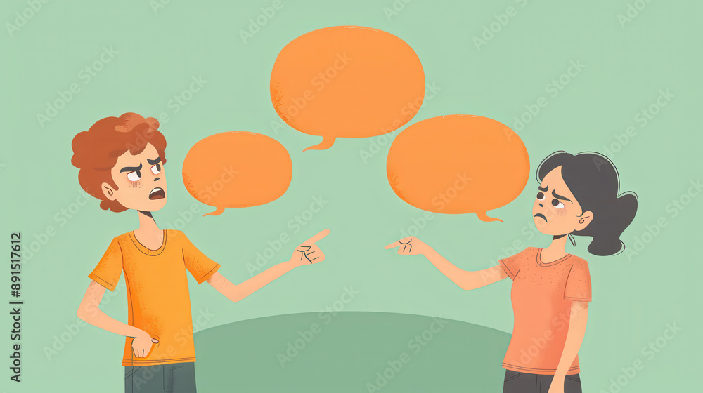 A cartoon illustration of two people in a conversation, one person with an angry expression pointing, the other looking sad with a hand on their face A cartoon illustration of two people in a conversation, one person with an angry expression pointing, the other looking sad with a hand on their face