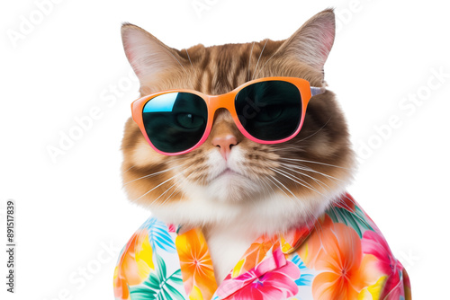 Portrait of scottish cat portrait dressed in hawaiian shirt and orange pink fades sunglasses on transparent background