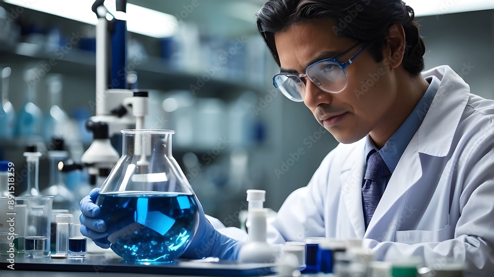 A scientist in a lab is examining a blue material in a beaker, researching pharmaceuticals for medicinal purposes, developing biotechnology for healthcare, and conceptualizing science and chemistry. A scientist in a lab is examining a blue material in a beaker, researching pharmaceuticals for medicinal purposes, developing biotechnology for healthcare, and conceptualizing science and chemistry.