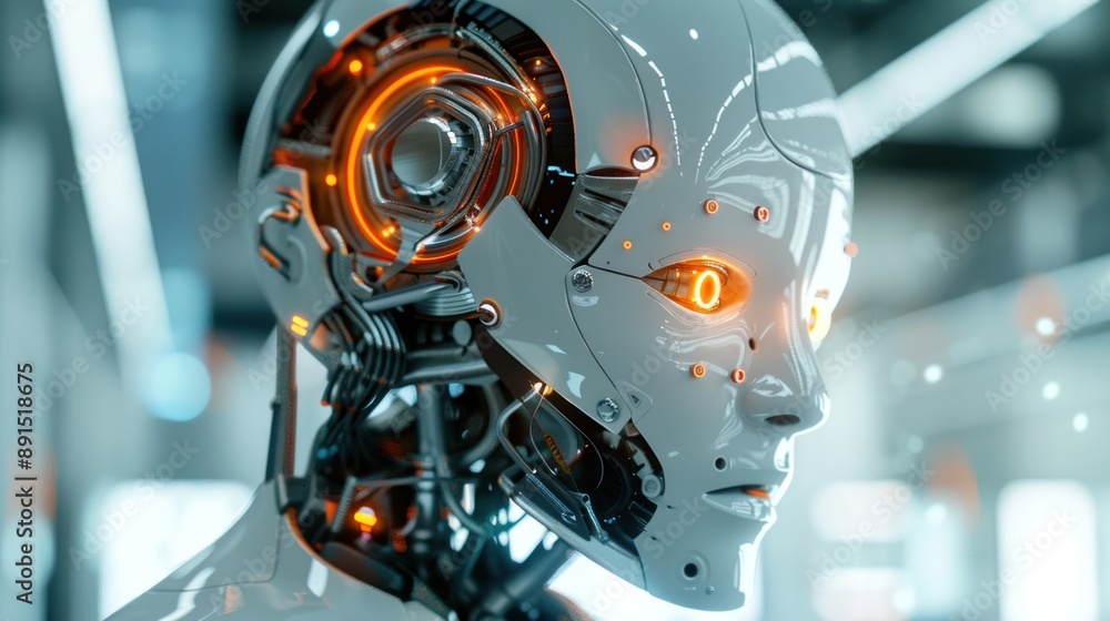 Fototapeta premium A 3D render of a humanoid robot with a white helmet and glowing orange lights