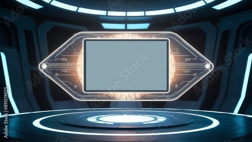 Futuristic spaceship interior with empty white screen. Mock up photo