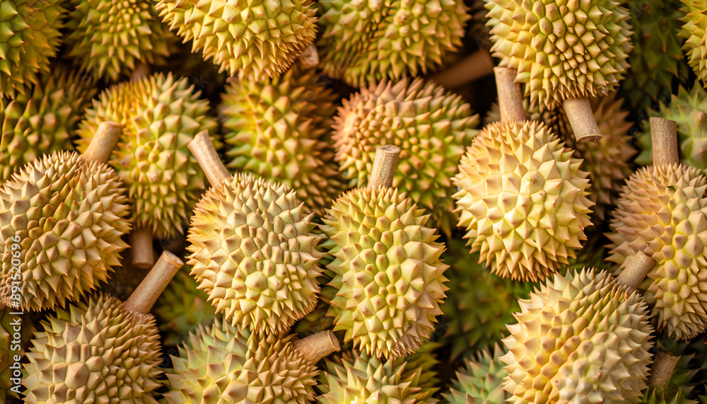 Fresh durian fruit at the market in large quantities. Background texture of durians. King of fruit Fresh durian fruit at the market in large quantities. Background texture of durians. King of fruit