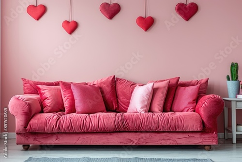 A red couch with pink pillows and heart decorations on the wall. The couch is the main focus of the image and it gives off a warm and cozy feeling