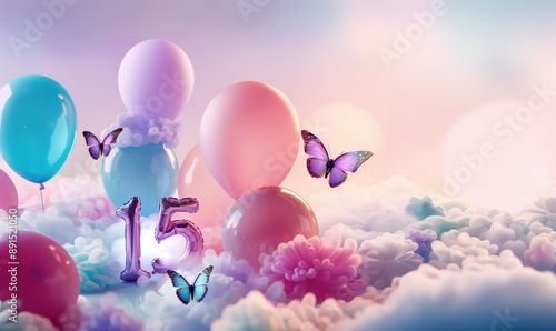 number 15 metallic balloons surrounded by fluffy multicolour clouds, balloons and butterflies, birthday concept, copy space