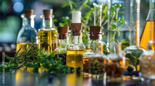 Closeup of dropper bottle with essential oil on wooden table with blurred green plant background