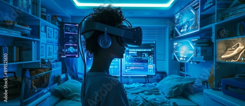 Person using a VR headset to shop online, hightech home setup, blue lighting, digital art, high detail