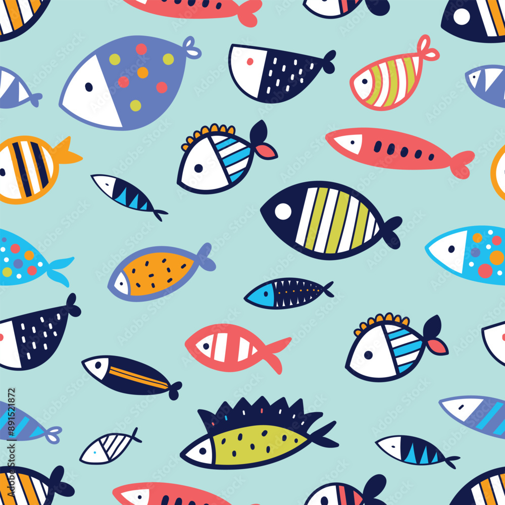 Cute colorful fish. Kids background. Seamless pattern. Can be used in textile industry, paper, background, scrapbooking. Cute colorful fish. Kids background. Seamless pattern. Can be used in textile industry, paper, background, scrapbooking.