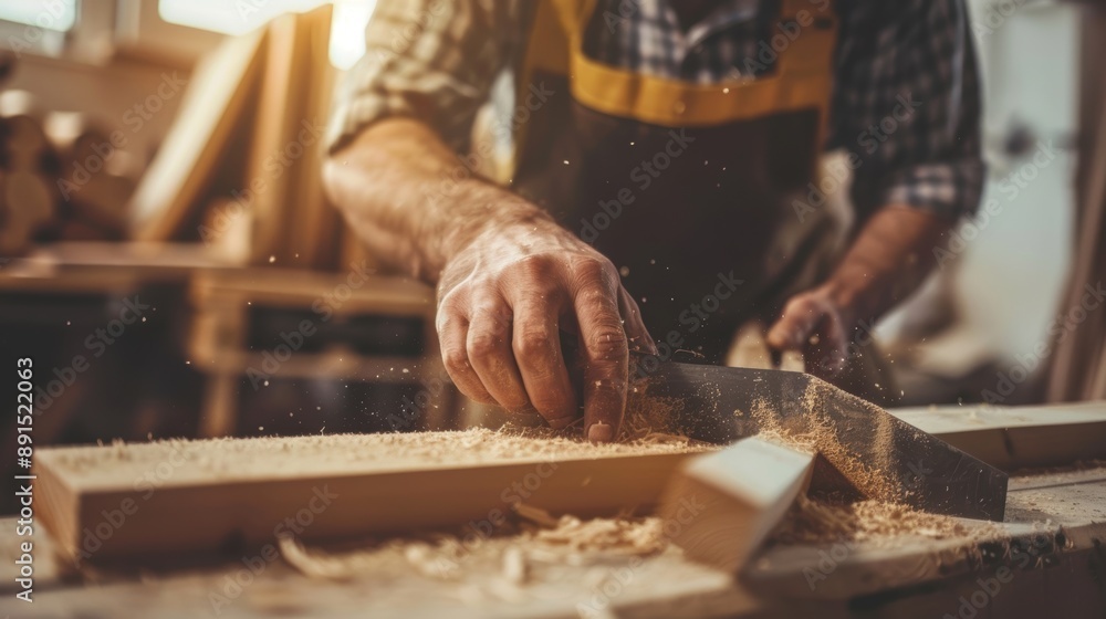 man owner a small furniture business is preparing wood for production. carpenter male is adjust wood to the desired size. architect, designer, Built-in, professional wood, craftsman, workshop. man owner a small furniture business is preparing wood for production. carpenter male is adjust wood to the desired size. architect, designer, Built-in, professional wood, craftsman, workshop.