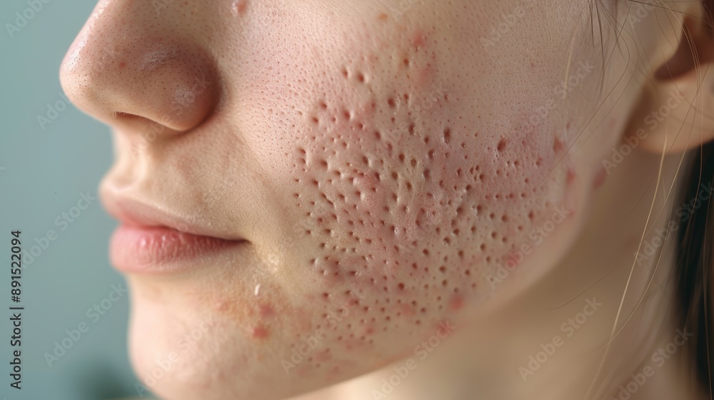 acne on woman face with rash skin, scar, and red skin syndrome allergic to cosmetics, use steroids, dermatology, inflammation, infection, hygiene acne on woman face with rash skin, scar, and red skin syndrome allergic to cosmetics, use steroids, dermatology, inflammation, infection, hygiene