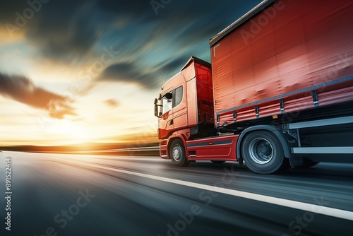 Photo of a truck driving on the highway, moving forward with a fast motion blur background. Trucking and global logistics concept. 