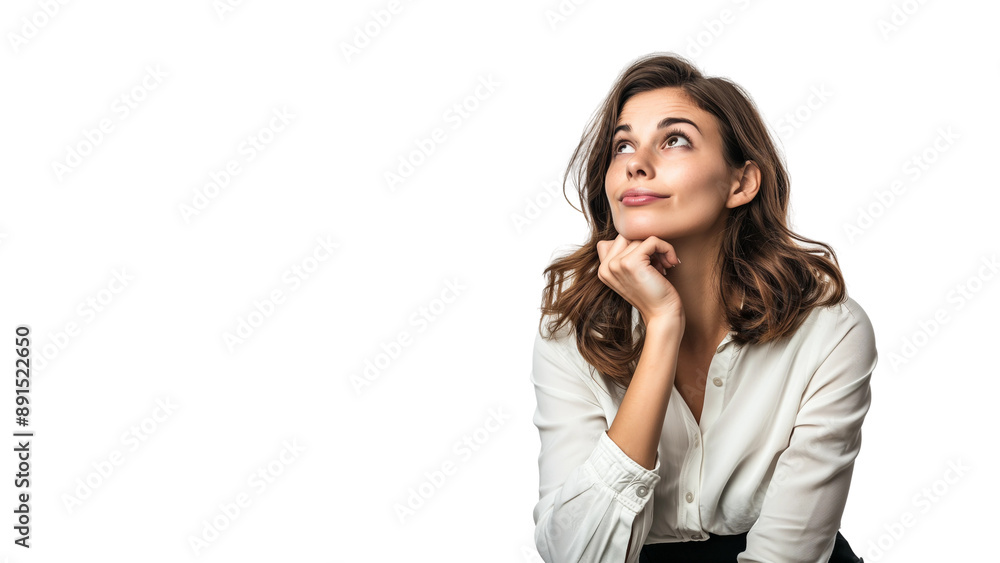 Woman thinking while looking up,doubtful and hesitant,isolated on white background,web banner. Woman thinking while looking up,doubtful and hesitant,isolated on white background,web banner.