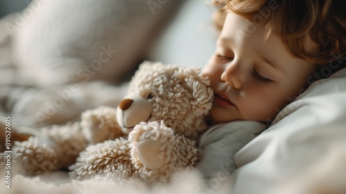 A tender image of a child in a cozy bedroom, hugging a fluffy teddy bear, capturing a moment of comfort and warmth with a soft focus on the surroundings.