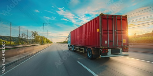 Photo of a truck driving on the highway, moving forward with a fast motion blur background. Trucking and global logistics concept. 